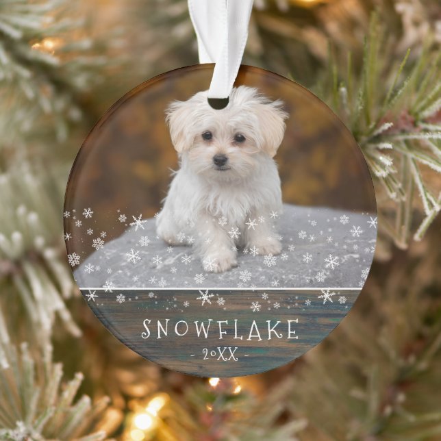 Cute Rustic Dog Puppy Snowflake 2 Photo Keepsake Ornament (Tree)
