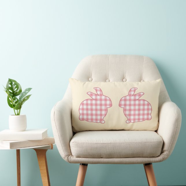 Cute Rustic Easter Bunnies Pink Gingham Plaid Lumbar Cushion (Chair)