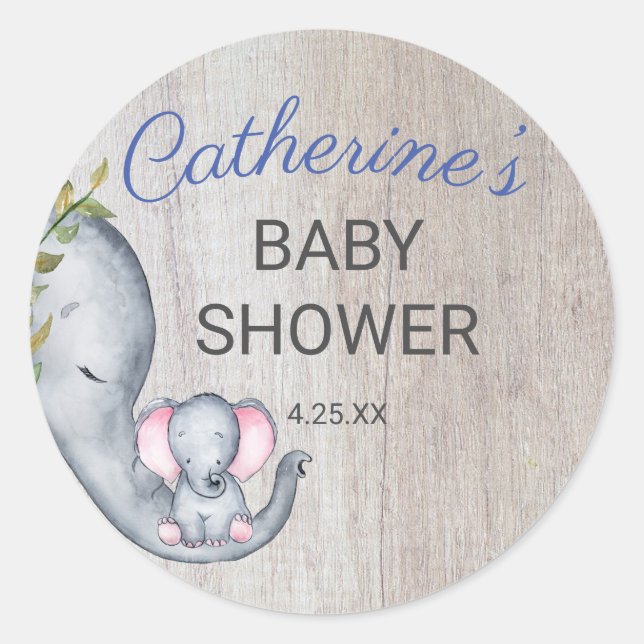 Cute Rustic Elephant Boy Baby Shower Classic Round Sticker (Front)