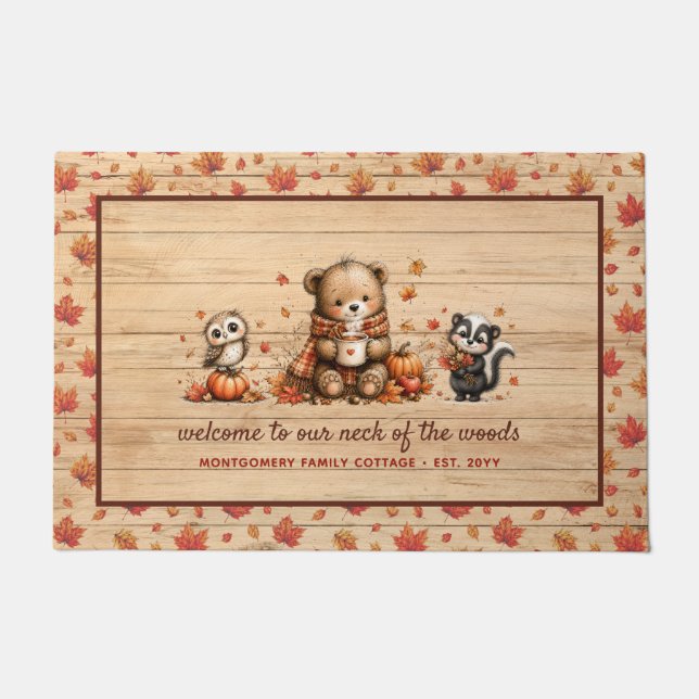 Cute Rustic Fall Woodland Animals Personalised Doormat (Front)