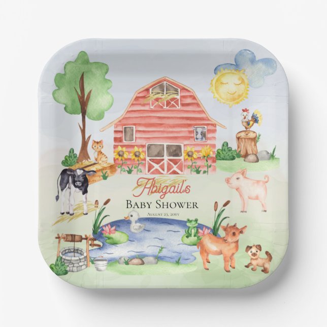 Cute Rustic Farm Animals Barnyard Baby Showe Paper Plate (Front)