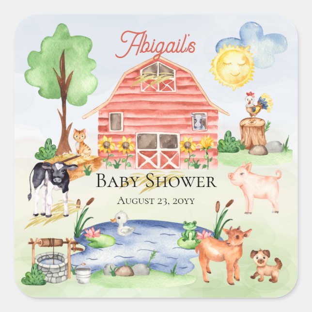 Cute Rustic Farm Animals Barnyard Baby Shower Square Sticker (Front)