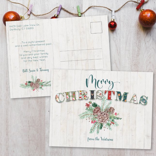 Cute Rustic Floral Merry Christmas Typography Postcard (Creator Uploaded)