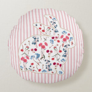 Cute Rustic Flower Easter Bunny Pink Stripes Round Cushion