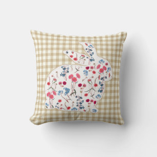 Cute Rustic Flower Easter Rabbit Beige Plaid Cushion