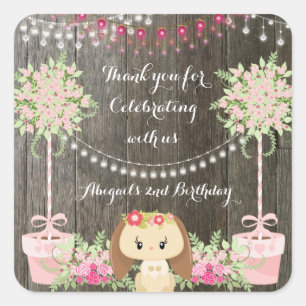 Cute Rustic Girl Bunny, Pink Flowers Birthday Square Sticker