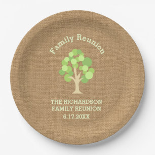 Cute Rustic Green Tree and Burlap Family Reunion Paper Plate