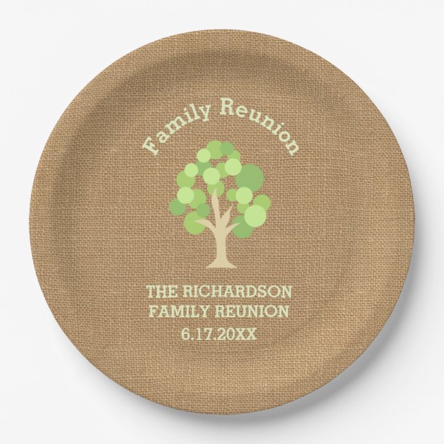 Cute Rustic Green Tree and Burlap Family Reunion Paper Plate (Front)