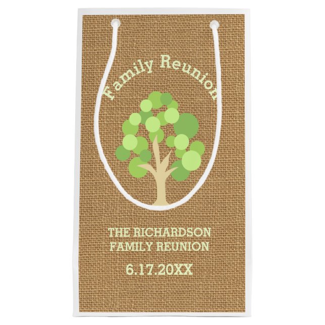Cute Rustic Green Tree and Burlap Family Reunion Small Gift Bag (Front)