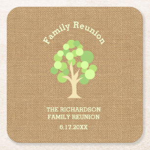 Cute Rustic Green Tree and Burlap Family Reunion Square Paper Coaster