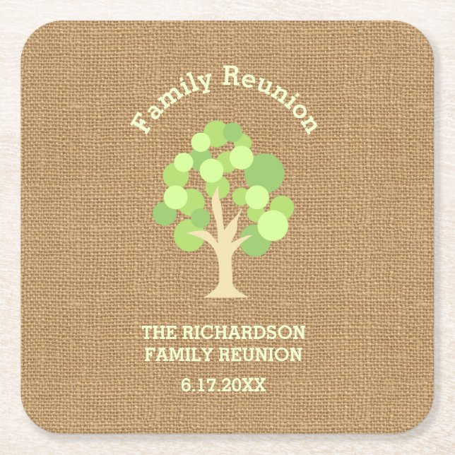 Cute Rustic Green Tree and Burlap Family Reunion Square Paper Coaster (Front)