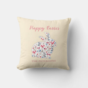 Cute Rustic Happy Easter Flower Rabbit Pink Plaid  Cushion