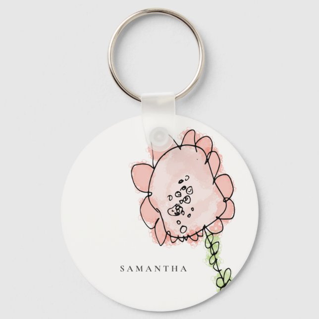 Cute Rustic Kid Drawn Blush Pink Flower Watercolor Key Ring (Front)