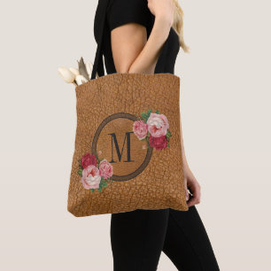 Cute Rustic Leather Look Vintage Floral Monogram Tote Bag
