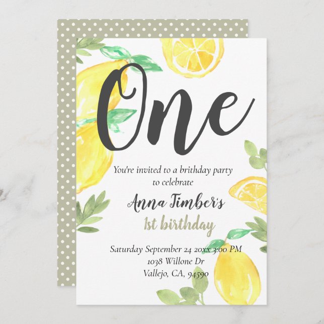 Cute rustic lemon 1st birthday kid party invite (Front/Back)