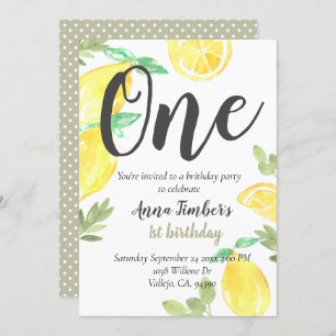Cute rustic lemon 1st birthday kid party invite