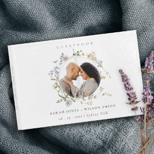 Cute Rustic Meadow Floral Wreath Photo Wedding Guest Book