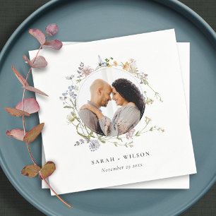 Cute Rustic Meadow Floral Wreath Photo Wedding Napkin