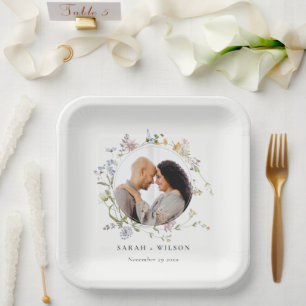 Cute Rustic Meadow Floral Wreath Photo Wedding Paper Plate