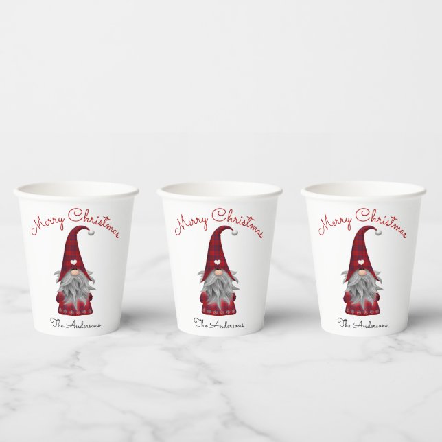 Cute Rustic Merry Christmas Party Plaid Gnome Pape Paper Cups (Multi)