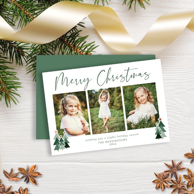 Cute Rustic Modern Merry Christmas 3 Photo Holiday (Rustic Sage Green Christmas Card)