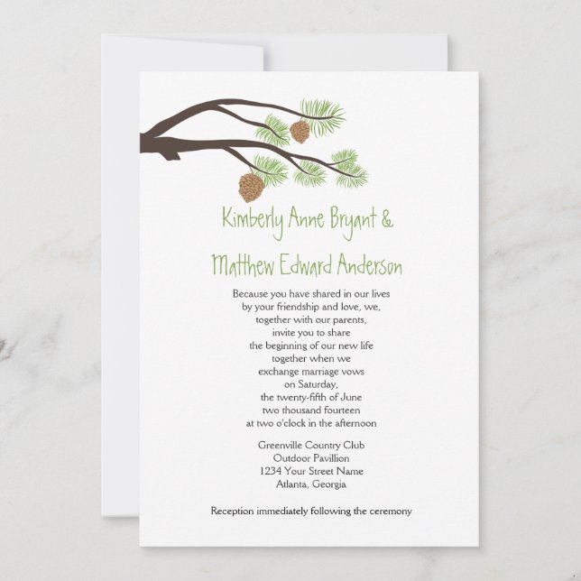 Cute Rustic Pine Cones and Branches Wedding Invite (Front)