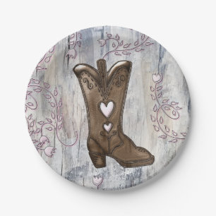 Cute Rustic Pink Cowgirl Heart Boots Bridal Shower Paper Plate