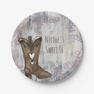 Cute Rustic Pink Cowgirl Heart Boots Bridal Shower Paper Plate