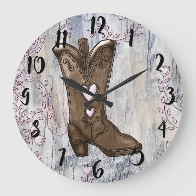 Cute Rustic Pink Cowgirl Heart Boots Farmhouse  Large Clock (Front)