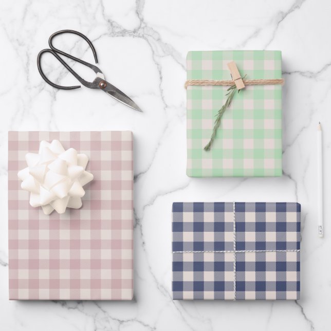 Cute Rustic Pink Green Blue Gingham Plaid Pattern Wrapping Paper Sheet (Front)