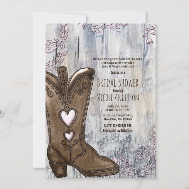 Cute Rustic Pink Heart Cowgirl Boots Bridal Shower Invitation (Front)