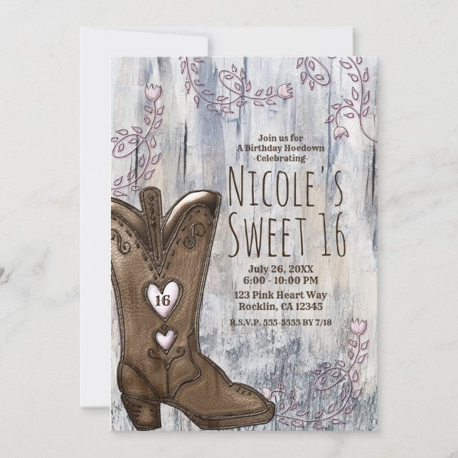 Cute Rustic Pink Heart Cowgirl Boots Sweet 16  Invitation (Front)