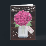 Cute Rustic Pink Hydrangea Mother Birthday Card<br><div class="desc">Sweet rustic pink floral birthday card featuring pink hydrangeas and baby's breath inside a mason jar against a rustic wood background. String lights and twinkle stars add a magical charm to this cute floral design. A floral tag with 'Happy Birthday' custom text on the front and a big floral heart...</div>