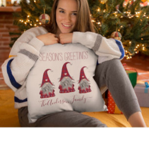 Cute Rustic Plaid Personalised Christmas Gnome Elf Cushion