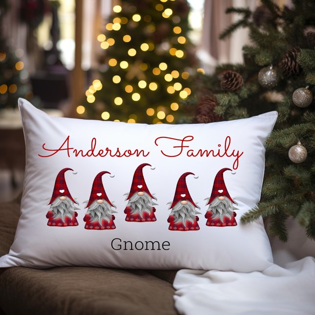 Cute Rustic Plaid Personalised Christmas Gnome Elf Lumbar Cushion (Creator Uploaded)