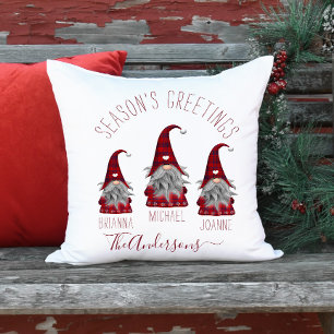 Cute Rustic Plaid Personalised Christmas Gnomes Cushion