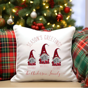 Cute Rustic Plaid Personalised Christmas Gnomes Cushion