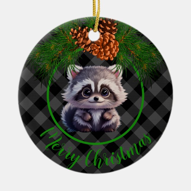 Cute Rustic racoon black grey plaid pine cone Ceramic Ornament (Front)
