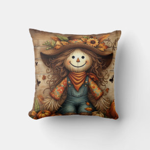 Cute Rustic Scarecrow and Autumn Foliage Cushion