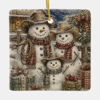 Cute Rustic Snowmen and Plaid Country and Western Ceramic Ornament