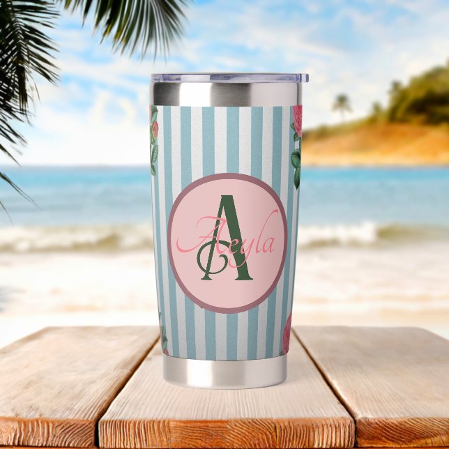 Cute Rustic Stripe Pink Roses Pattern Monogram Insulated Tumbler (Beach)