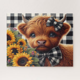 Cute Rustic Sunflower Highland Cow Jigsaw Puzzle