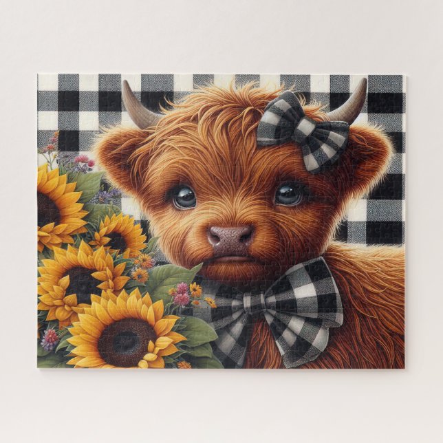 Cute Rustic Sunflower Highland Cow Jigsaw Puzzle (Horizontal)