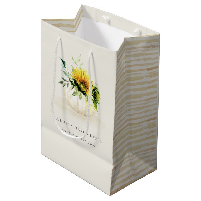 Cute Rustic Sunflower Pumpkin Floral Baby Shower Medium Gift Bag (Front Angled)