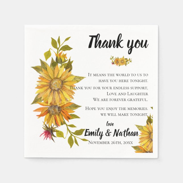 Cute Rustic Sunflower Wedding Thank you Message Napkin (Front)
