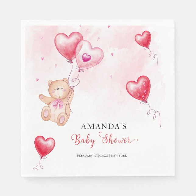 Cute Rustic Teddy Bear Heart Balloon Baby Shower  Napkin (Front)