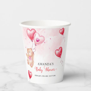 Cute Rustic Teddy Bear Heart Balloon Baby Shower Paper Cups
