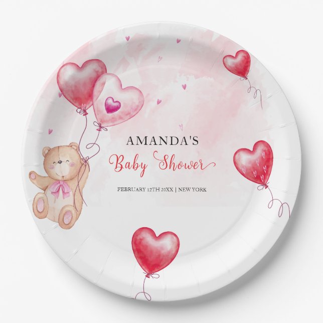 Cute Rustic Teddy Bear Heart Balloon Baby Shower  Paper Plate (Front)