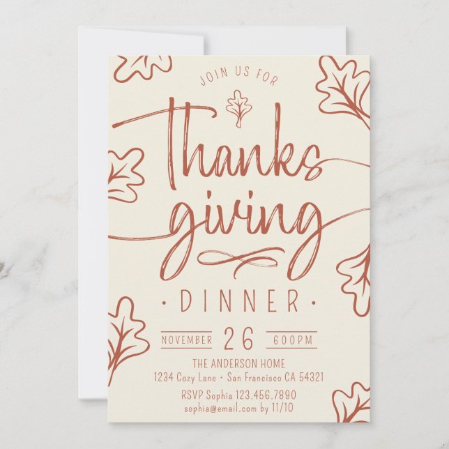 Cute Rustic Thanksgiving Dinner Script Fall Leaves Invitation (Front)