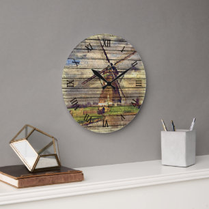 Cute Rustic Vintage Dutch Windmill Watercolor Large Clock